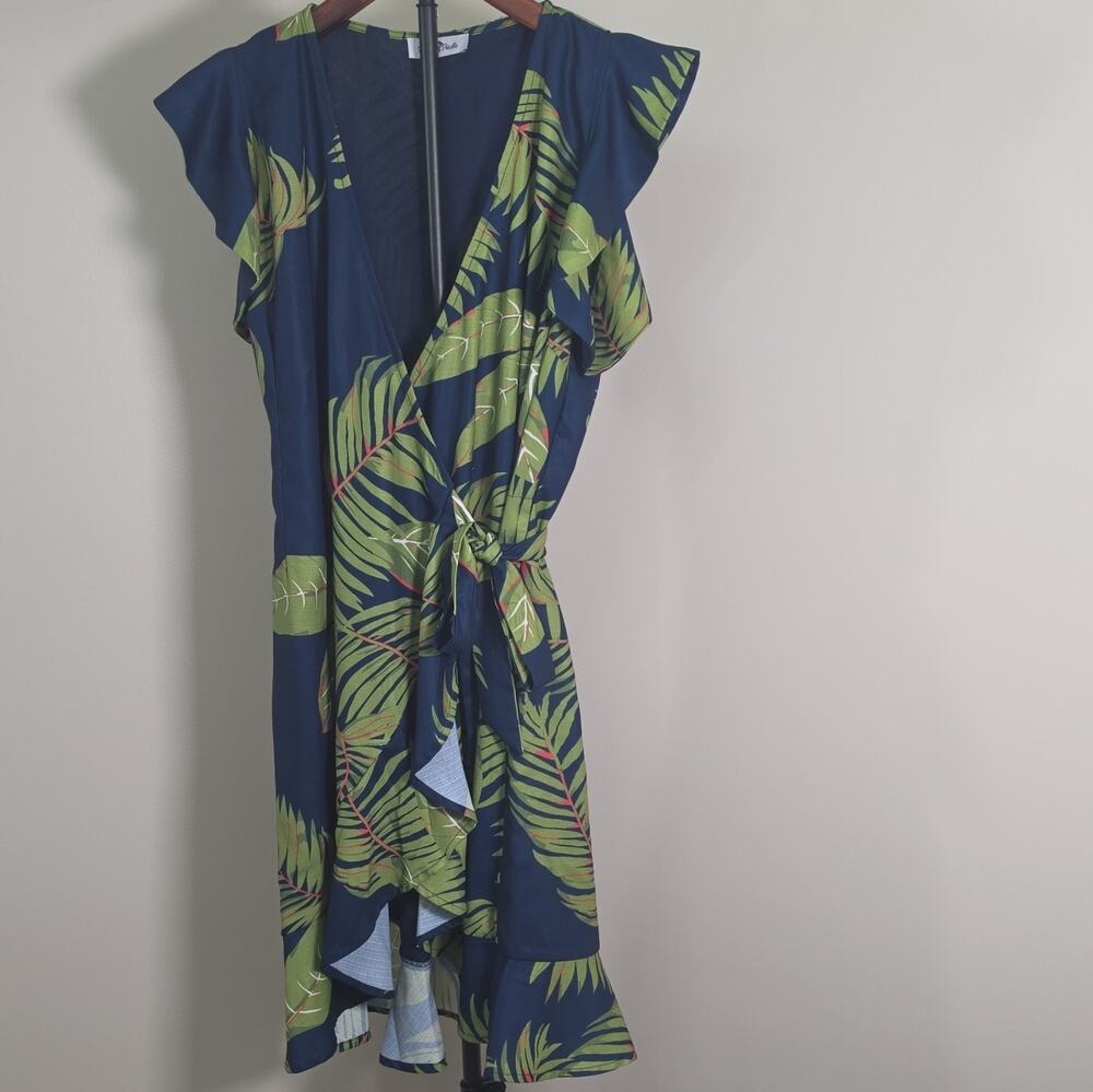 Perfectly Priscilla Blue Green Tropical Coastal Wrap Dress V-Neck Flutter Midi L